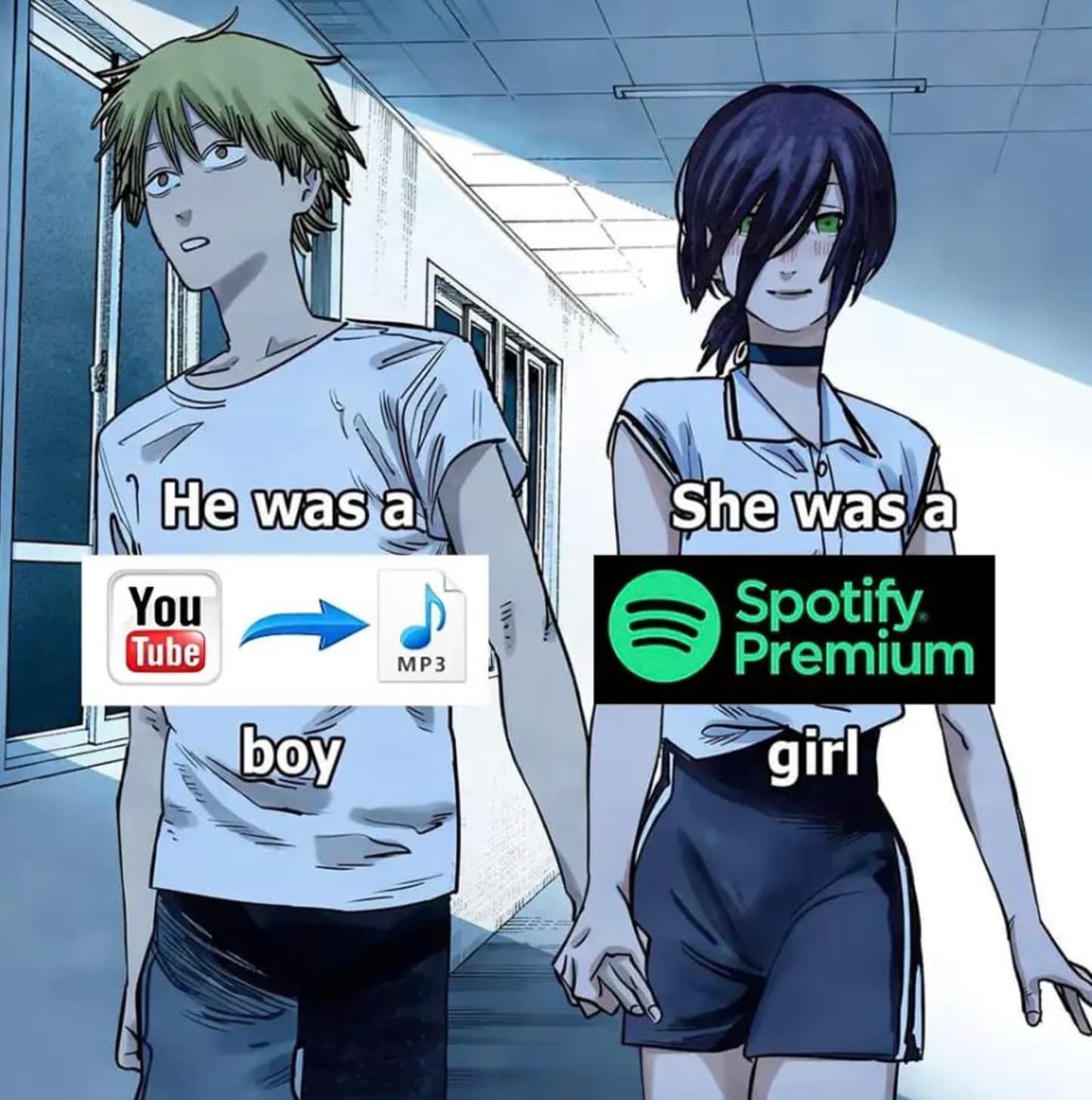 denji holding hands - He was a You Tube boy MP3 She was a Spotify Premium girl